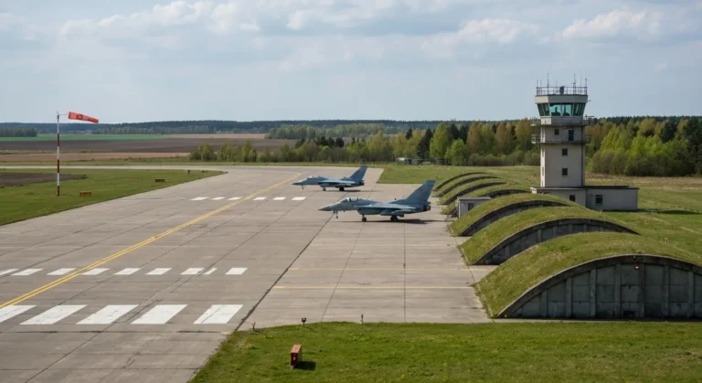 Betonowa plyta postojowa lotniska wojskowego w Polsce z mysliwcami, wiezą kontroli lotow i schronohangarami