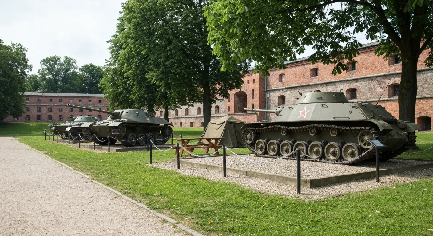 Plenerowa wystawa muzeum wojskowego - czolg i transporter opancerzony za barierkami, obok lawki piknikowe i ceglany fort