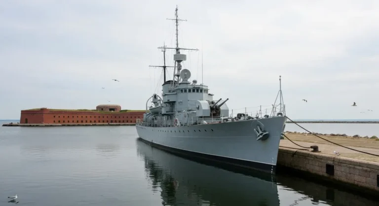 Zabytkowy okret muzeum przy nabrzezu baltyckiego portu na Pomorzu, w tle ceglana fortyfikacja i betonowy schron nadbrzez