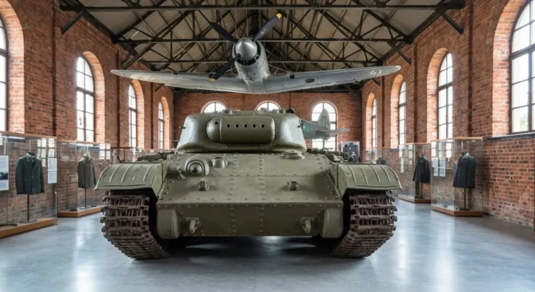 Hala muzeum wojskowego w Polsce z zabytkowym czolgiem i samolotem pod ceglanym sklepieniem fortu