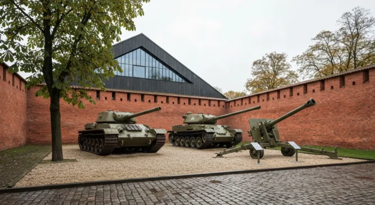 Zabytkowy czolg i haubica na dziedzincu muzeum wojskowego w Warszawie na tle ceglanego muru Cytadeli