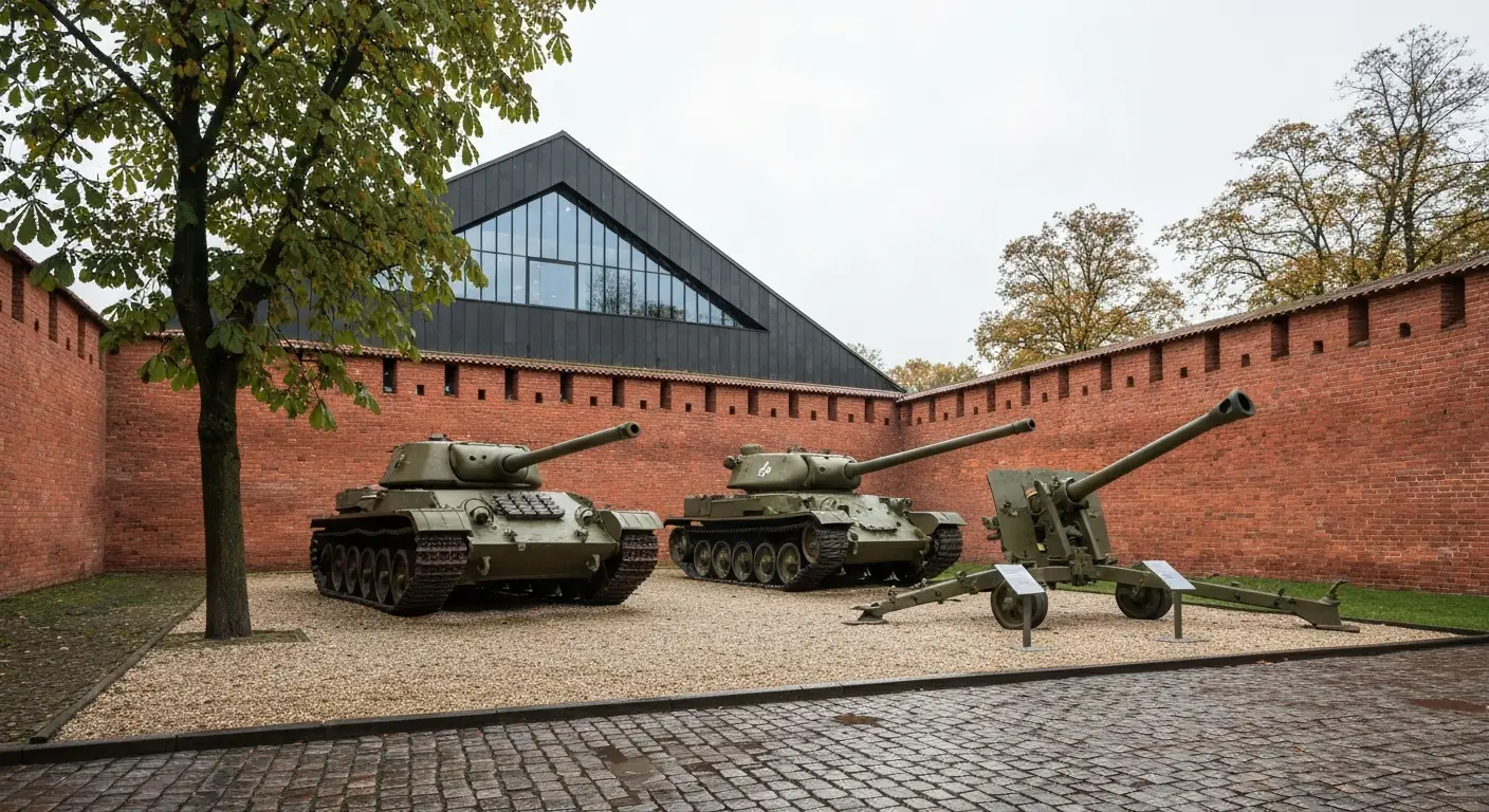 Zabytkowy czolg i haubica na dziedzincu muzeum wojskowego w Warszawie na tle ceglanego muru Cytadeli