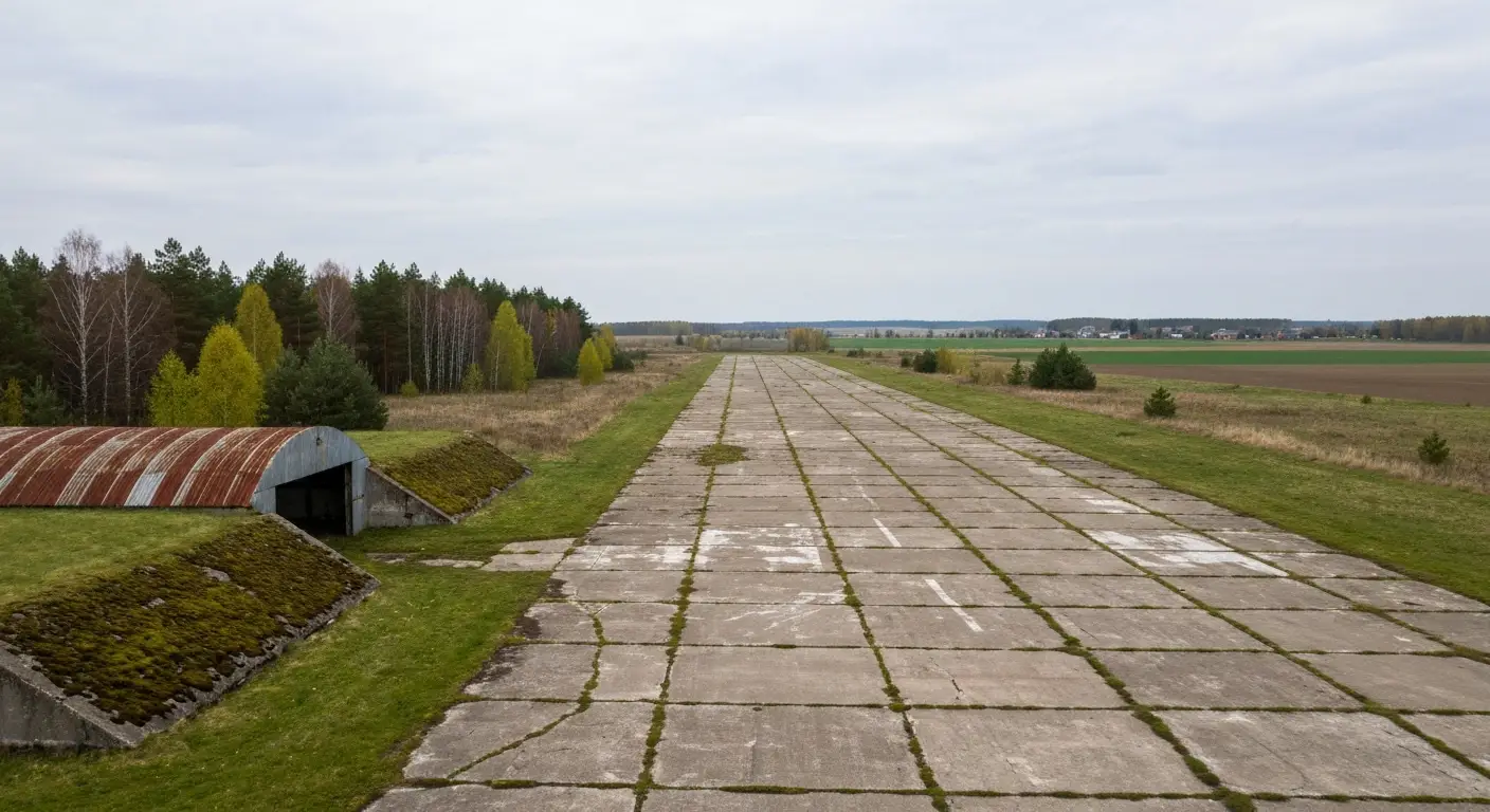 Zarosniety betonowy pas dawnego lotniska wojskowego z rdzewiejacym hangarem i schronohangarem na skraju pola
