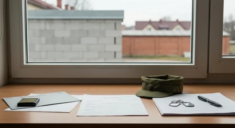 Biurko z kopertą, dokumentami, wojskową czapką polową i nieśmiertelnikami przy oknie z widokiem na polskie miasto