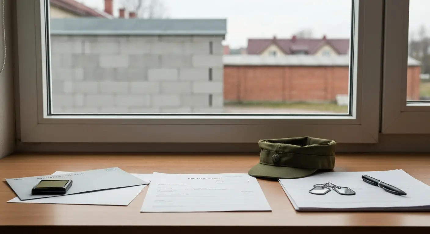 Biurko z kopertą, dokumentami, wojskową czapką polową i nieśmiertelnikami przy oknie z widokiem na polskie miasto