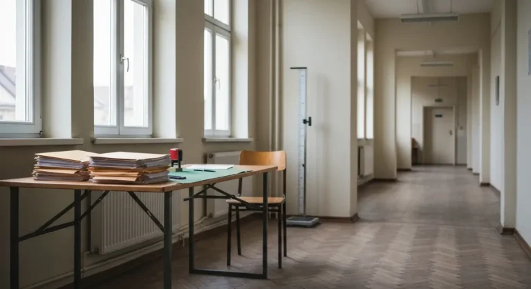 Pusta sala komisji kwalifikacji wojskowej w urzedzie - stol z teczkami akt, pieczatka i waga lekarska