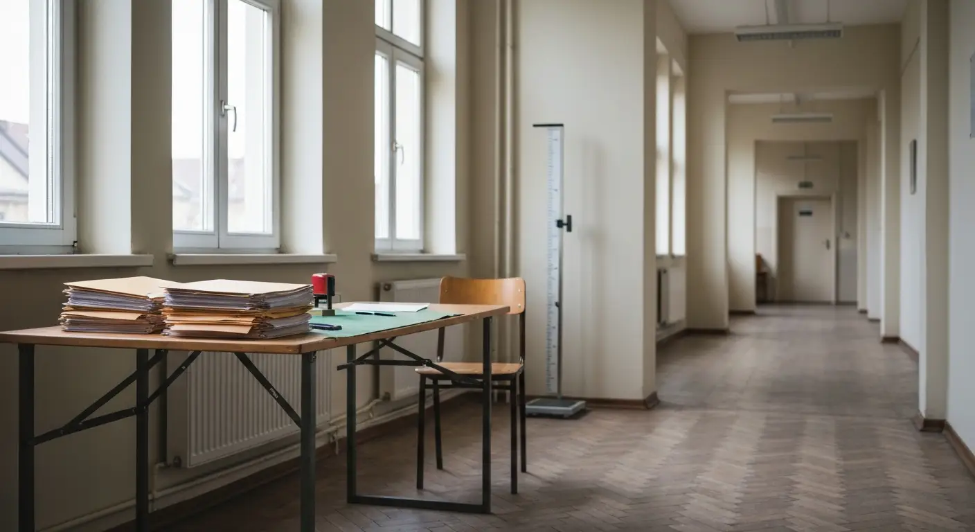 Pusta sala komisji kwalifikacji wojskowej w urzedzie - stol z teczkami akt, pieczatka i waga lekarska