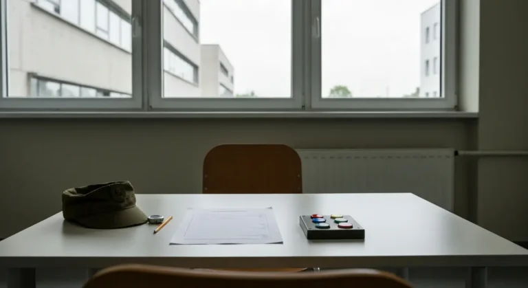 Puste stanowisko badania psychologicznego w wojskowym centrum rekrutacji - biurko z arkuszem testu, stoperem i urzadzeni