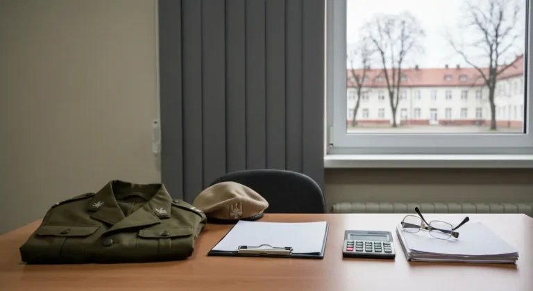 Zlozony mundur polowy, beret i puste dokumenty na biurku w wojskowym biurze, w tle okno z widokiem na koszary