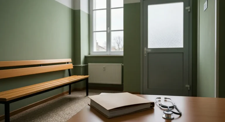 Pusty korytarz komisji lekarskiej w polskim urzedzie powiatowym, teczka z dokumentacja medyczna i stetoskop na biurku