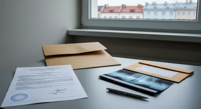 Dokumenty odwolawcze z pieczatka, teczka i koperta na biurku w urzedowym gabinecie przy oknie