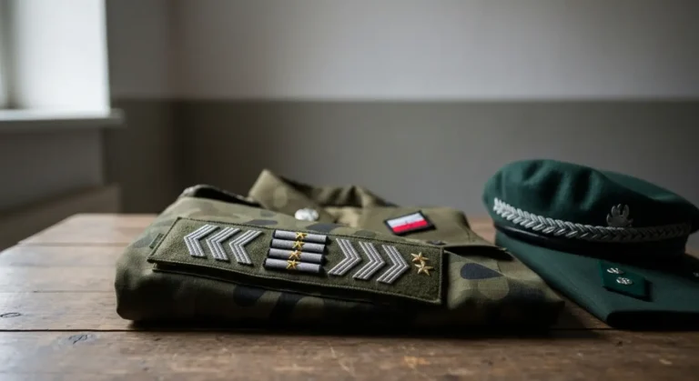Zblizenie na dystynkcje na naramienniku munduru polowego Wojska Polskiego lezacego na drewnianym stole