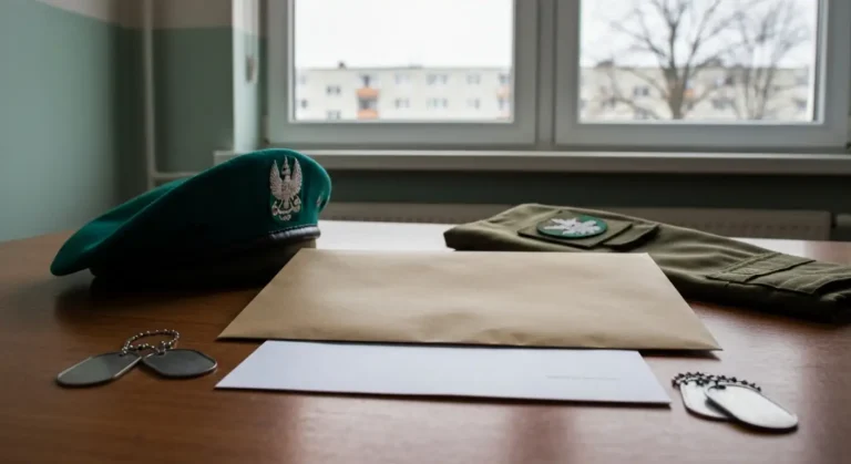 Koperta z dokumentem wojskowym na drewnianym stole obok zielonego beretu WOT i nieśmiertelników