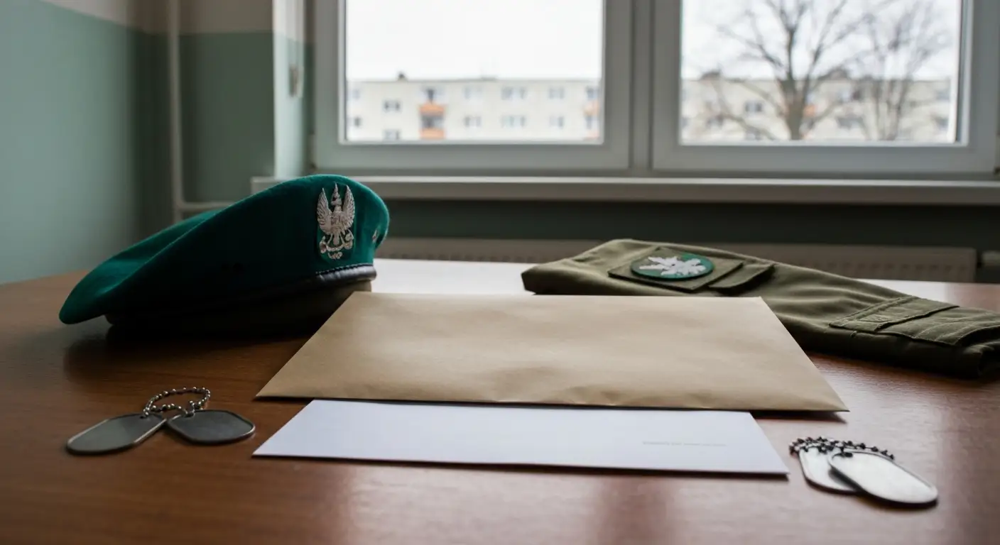 Koperta z dokumentem wojskowym na drewnianym stole obok zielonego beretu WOT i nieśmiertelników