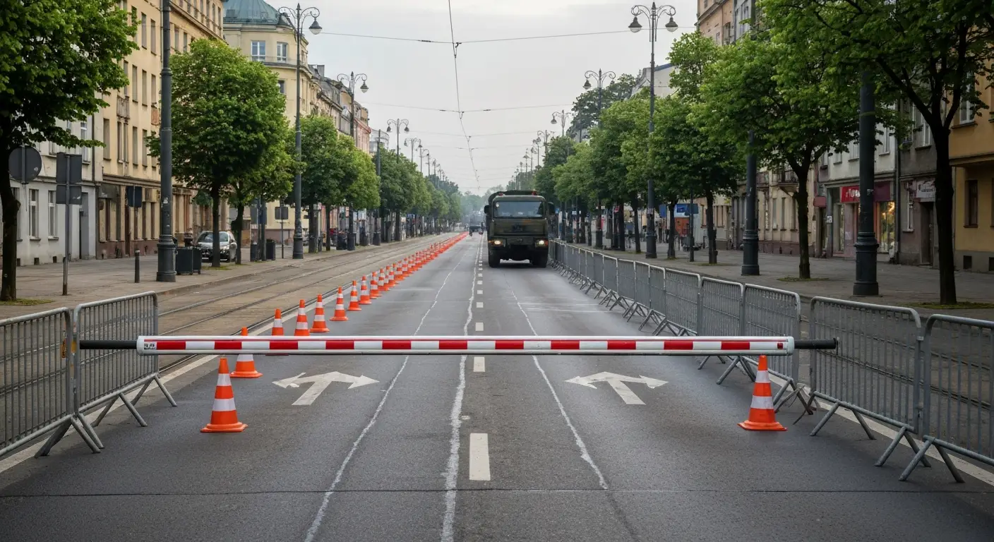 Zamknieta miejska aleja przed proba defilady wojskowej - barierki, pachołki i szlaban blokujace jezdnie