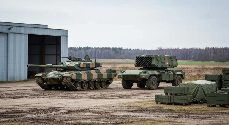 Czolg i wyrzutnia rakietowa na poligonie w Polsce, obok skrzynie ze sprzetem i hangar warsztatowy