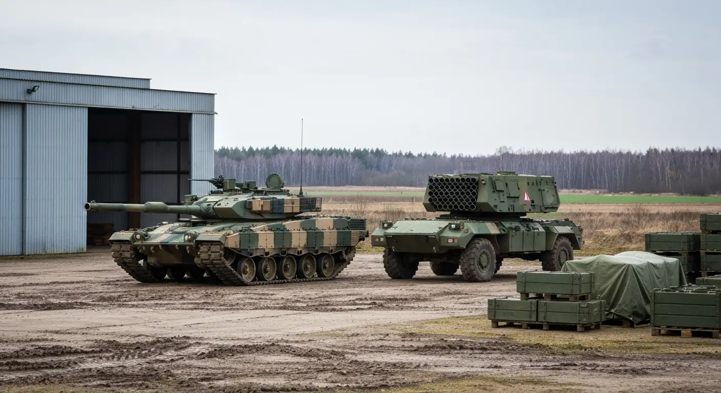 Czolg i wyrzutnia rakietowa na poligonie w Polsce, obok skrzynie ze sprzetem i hangar warsztatowy