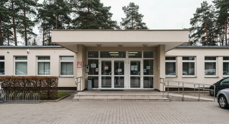 Wejscie do niskiego budynku przychodni wojskowej w Koszalinie z podjazdem dla niepelnosprawnych i zadaszeniem