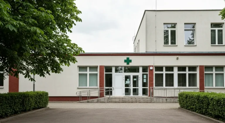 Wejscie do wojskowej przychodni lekarskiej w Toruniu - budynek z podjazdem i zadaszeniem