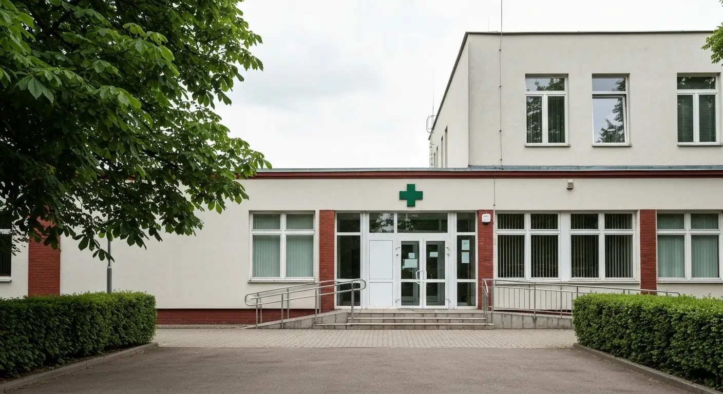 Wejscie do wojskowej przychodni lekarskiej w Toruniu - budynek z podjazdem i zadaszeniem