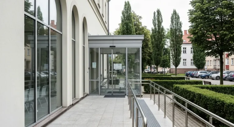 Wejscie do przychodni wojskowej w Polsce - szklany przedsionek, podjazd dla wozkow i dziedziniec przed budynkiem