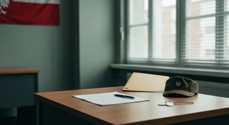 Biurko w wojskowym biurze rekrutacyjnym z pustym formularzem, dlugopisem, teczka i zolnierska czapka polowa