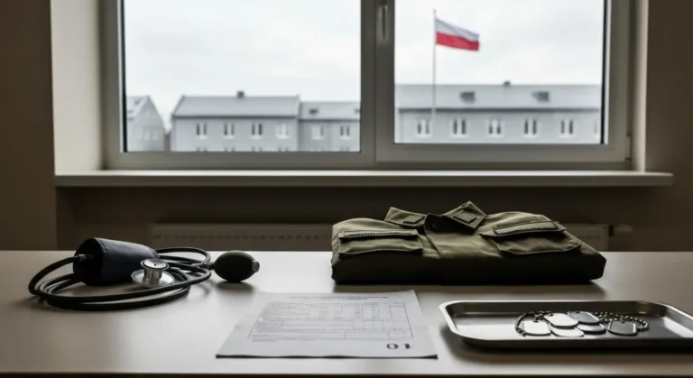 Biurko w wojskowym centrum rekrutacji - zlozony mundur polowy, formularz, stetoskop i nieopisane nieśmiertelniki, w tle