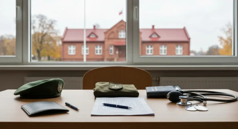 Zielony beret, mundur polowy i formularze zgloszeniowe na stole w biurze rekrutacji wojskowej