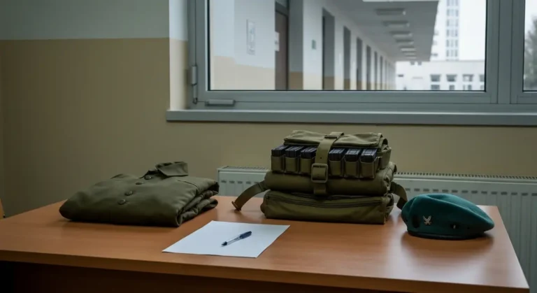 Zlozony mundur polowy i zdany sprzet wojskowy na biurku w biurze jednostki wojskowej