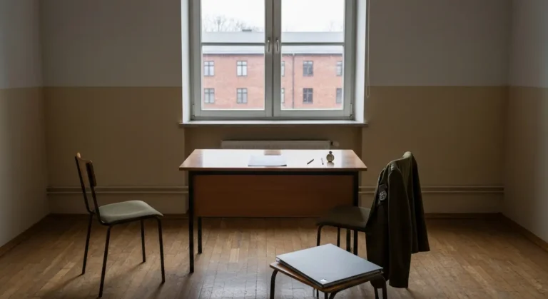 Puste biurko i dwa krzesla w gabinecie badania psychologicznego kandydatow do wojska