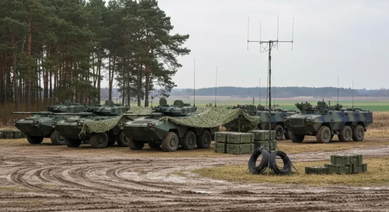 Kolumna zielonych wojskowych pojazdow opancerzonych i sprzet lacznosci na poligonie w Polsce pod pochmurnym niebem
