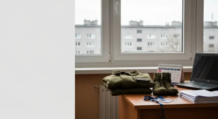 Zlozony mundur polowy i wojskowe buty na biurku w biurze, obok laptop i kalendarz z zaznaczonymi dniami sluzby
