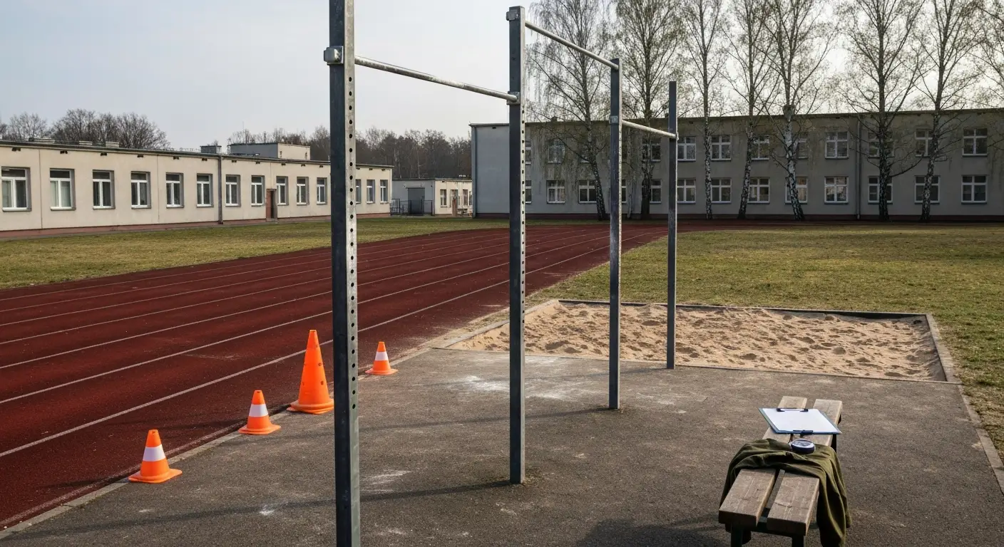Wojskowy plac sportowy z drazkiem do podciagania, bieznia i stoperem na lawce przed koszarami