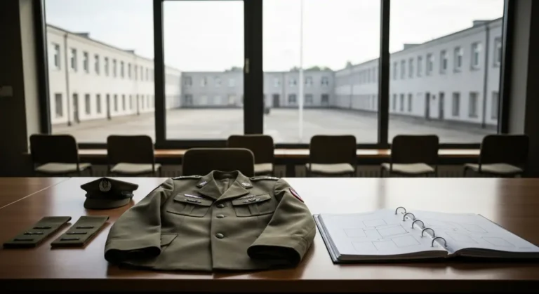 Mundur Wojska Polskiego z dystynkcjami na stole obok schematu struktury dowodzenia w sali odpraw