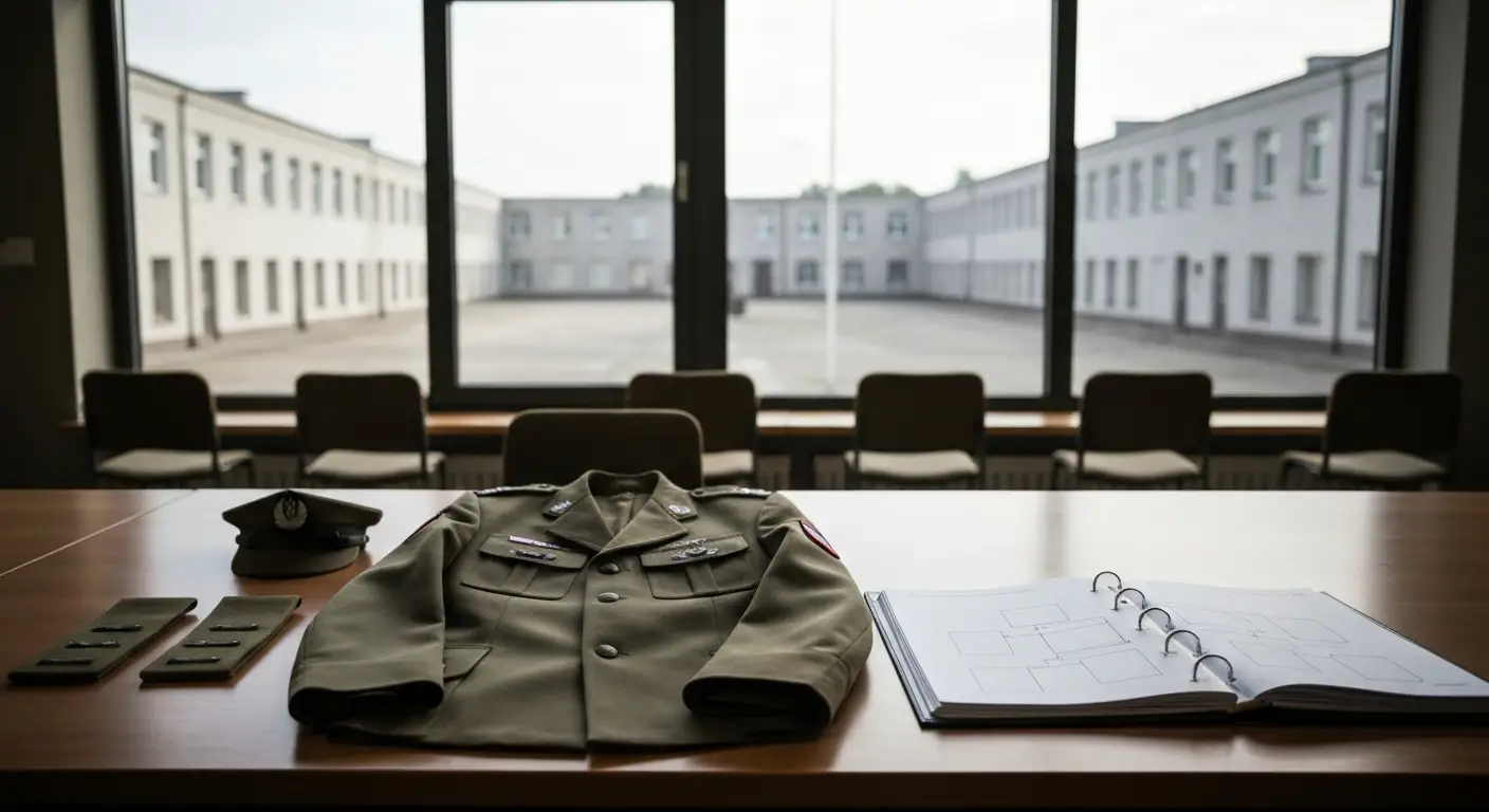 Mundur Wojska Polskiego z dystynkcjami na stole obok schematu struktury dowodzenia w sali odpraw