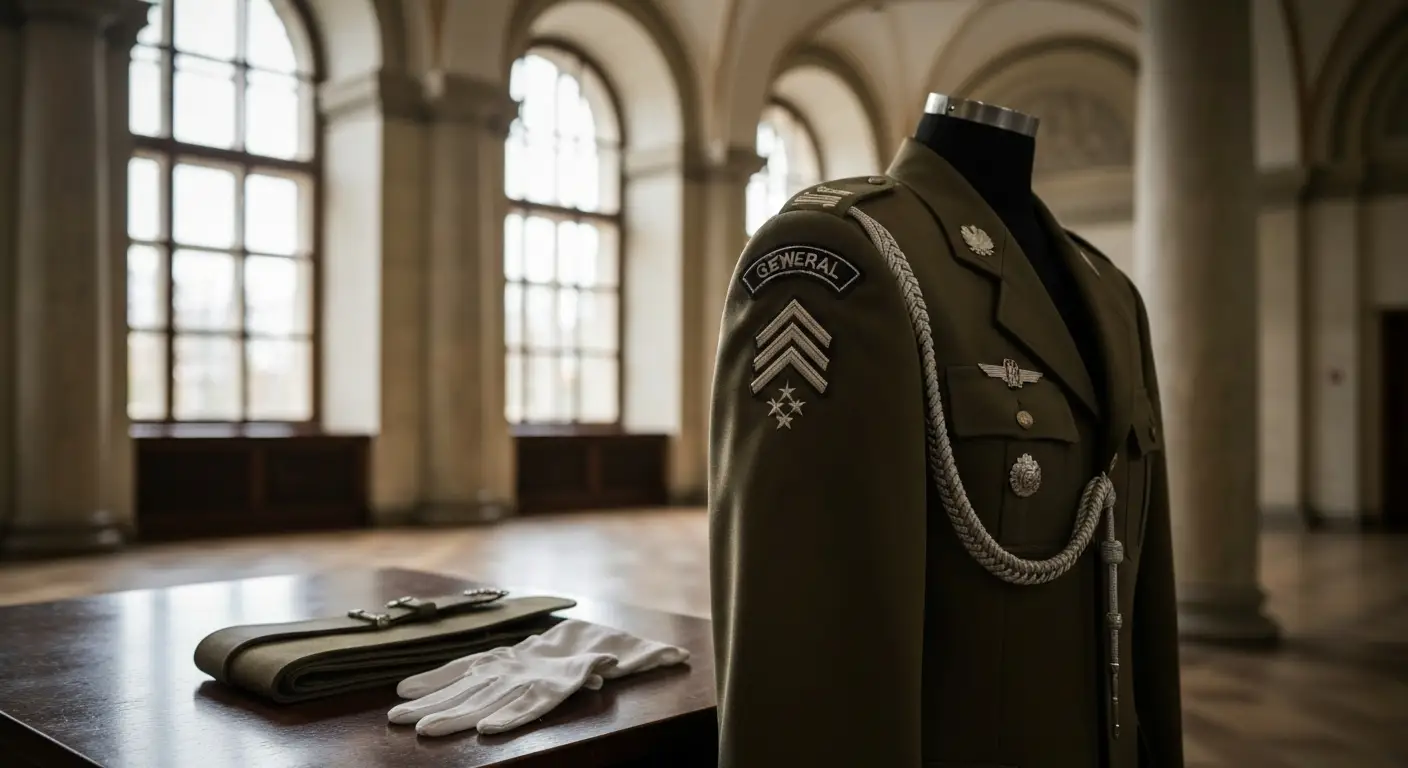 Mundur galowy generalski Wojska Polskiego z dystynkcjami na pagonie, w tle wnetrze historycznego budynku wojskowego