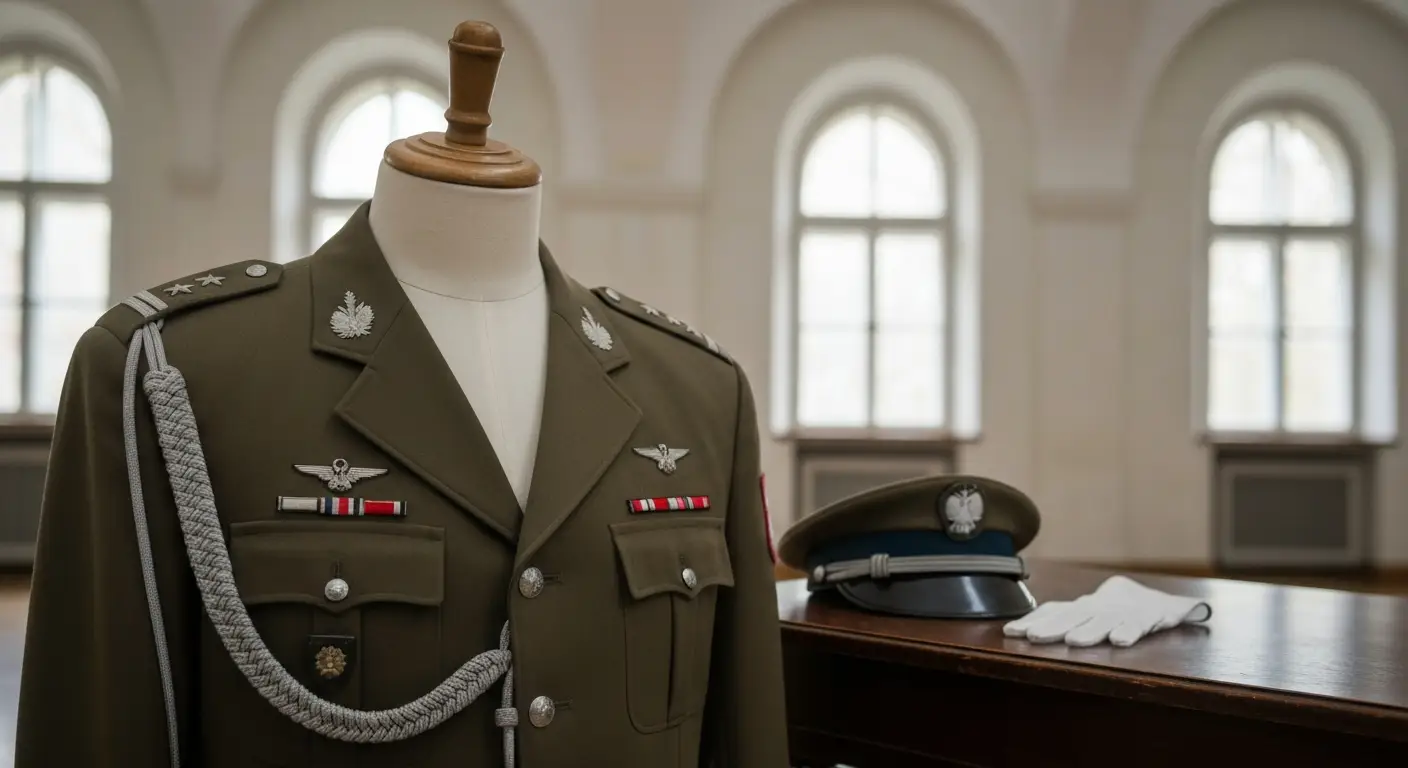 Mundur galowy oficera Wojska Polskiego na manekinie, zblizenie na naramienniki z gwiazdkami, obok czapka i biale rekawic