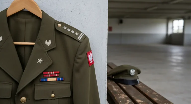 Mundur podoficera Wojska Polskiego z pagonami i belkami stopnia na tle koszarowej sciany