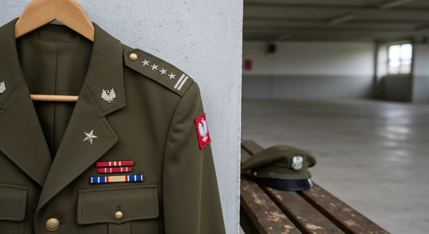 Mundur podoficera Wojska Polskiego z pagonami i belkami stopnia na tle koszarowej sciany