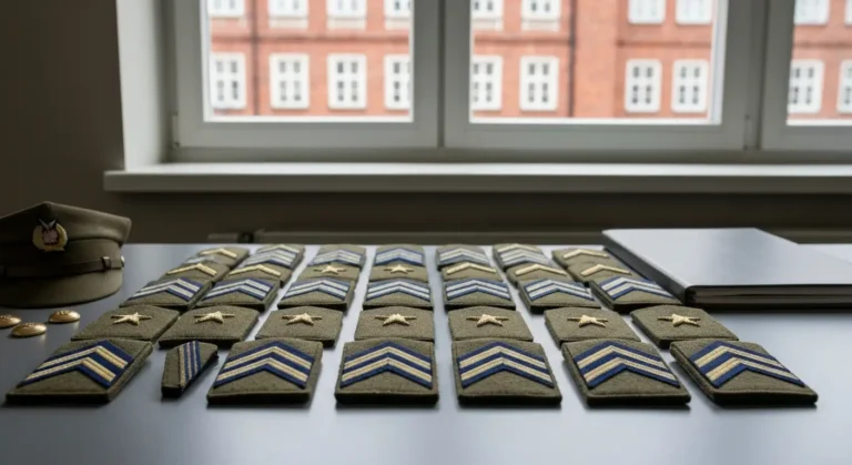 Dystynkcje Wojska Polskiego - naramienniki z belkami i gwiazdkami ulozone w rzedach na biurku w koszarach
