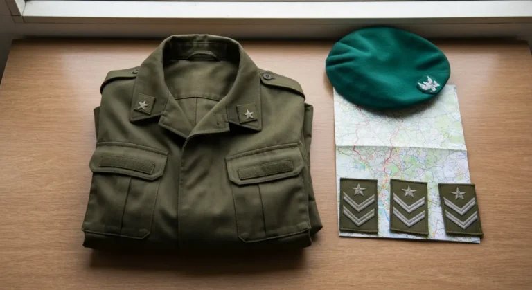 Zlozony mundur polowy WOT, zielony beret i naszywki ze stopniami wojskowymi na drewnianym stole