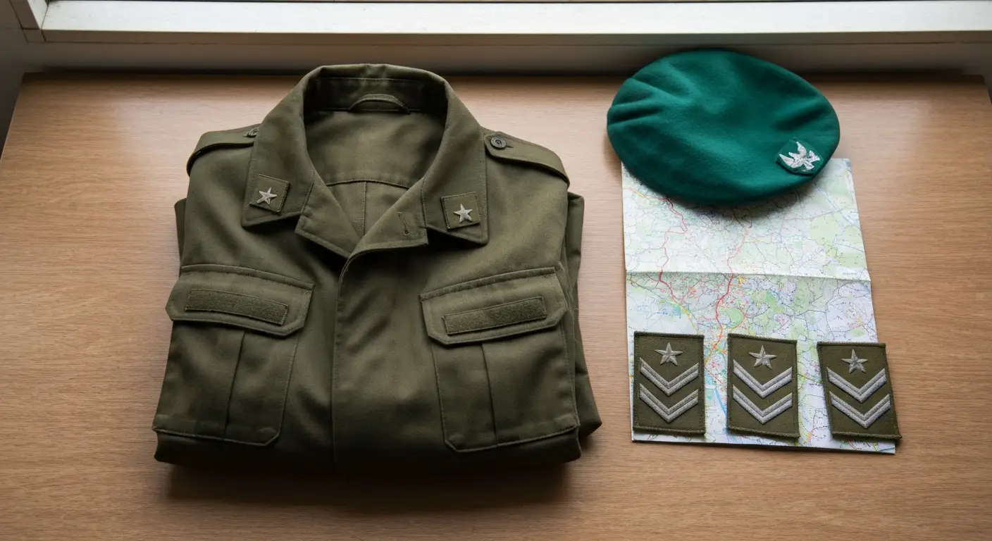 Zlozony mundur polowy WOT, zielony beret i naszywki ze stopniami wojskowymi na drewnianym stole