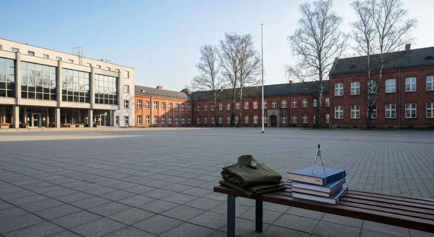 Dziedziniec polskiej uczelni wojskowej, na ławce zlozony mundur polowy i podreczniki akademickie