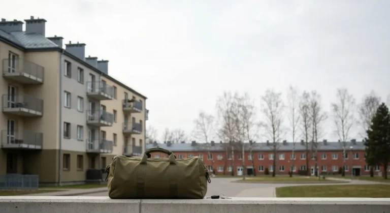 Blok mieszkalny przy polskim garnizonie, wojskowa torba i klucze na betonowym murku w świetle dnia