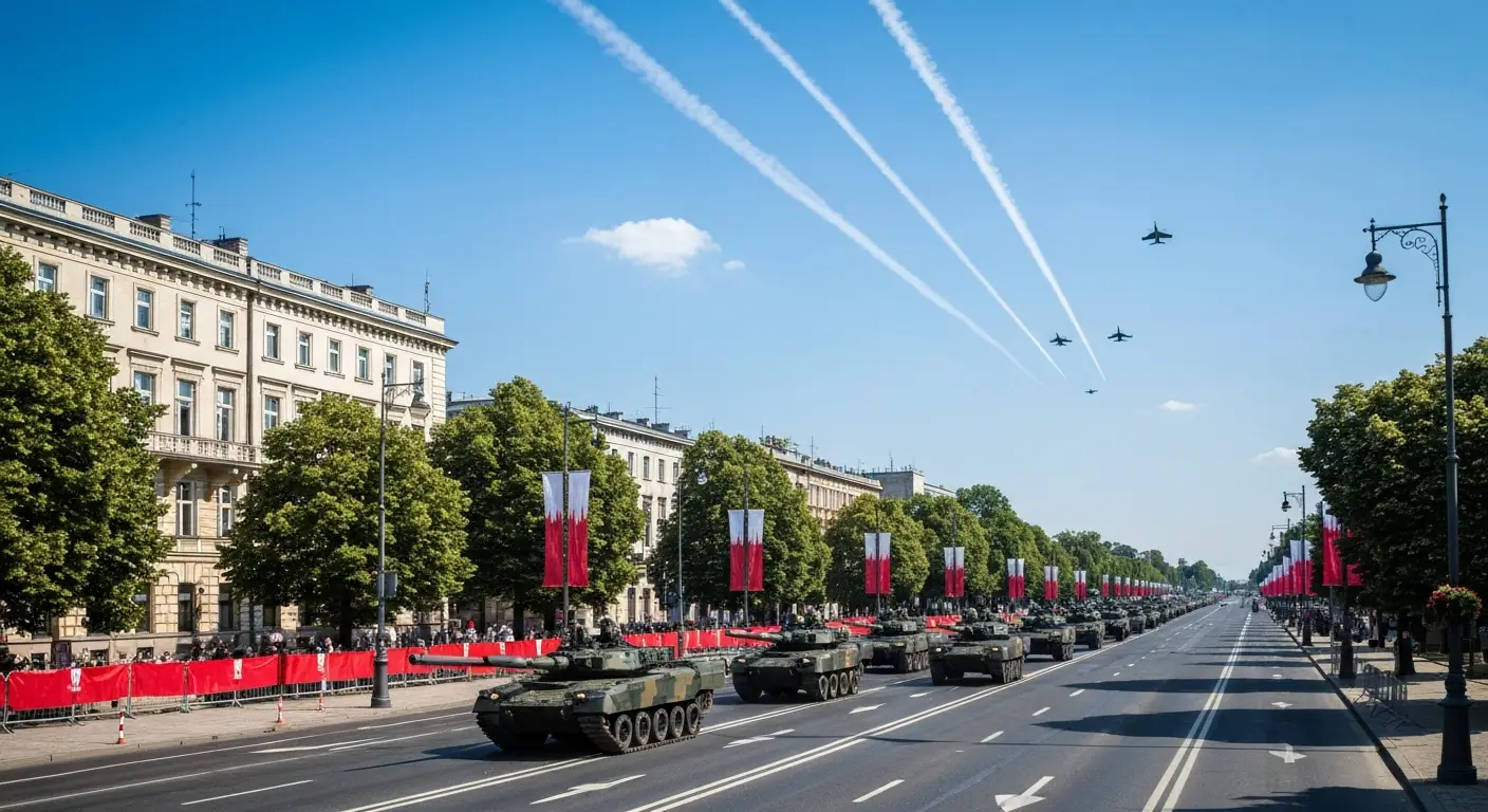 Kolumna czolgow i pojazdow opancerzonych na warszawskiej alei podczas defilady z okazji Swieta Wojska Polskiego