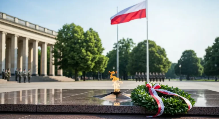 Wieniec laurowy z bialo-czerwona wstega przy kamiennej plycie pamieci i wieczny ogien na warszawskim placu w sierpniowe
