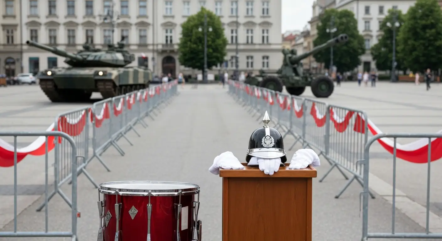 Ceremonialny bęben i hełm galowy na podeście przy alei zastawionej barierkami, w tle sprzęt wojskowy przed obchodami Świ