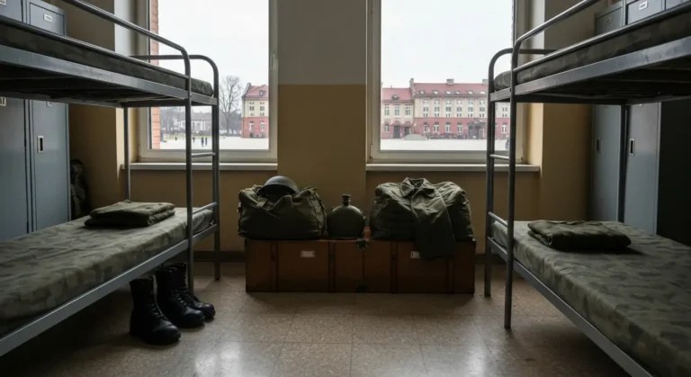 Koszarowa sala szkolenia podstawowego - zaslane loze, zlozony mundur polowy, buty i plecak ochotnika