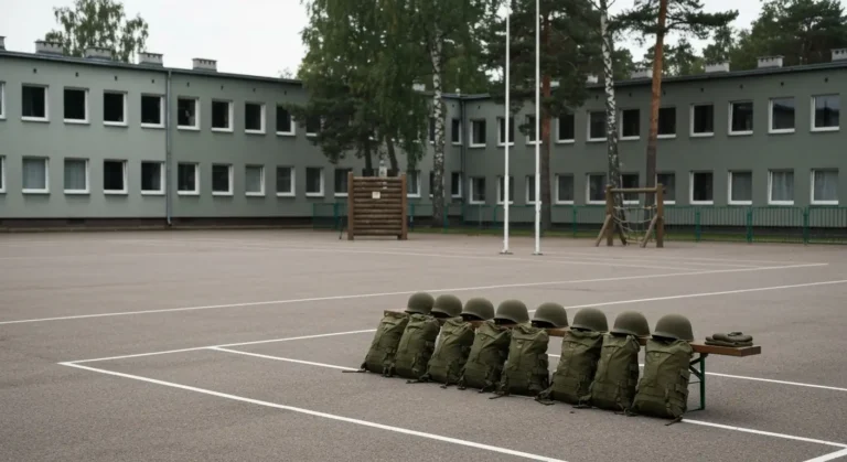 Plac apelowy jednostki wojskowej z ekwipunkiem zolnierskim na lawce i torem przeszkod w tle