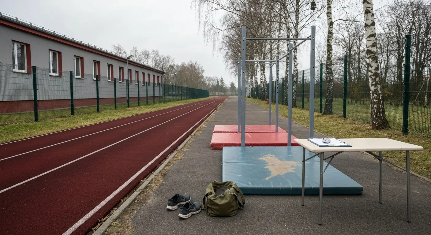 Pusty plac do testow sprawnosciowych przy jednostce wojskowej - drazek, mata i stoper na stole